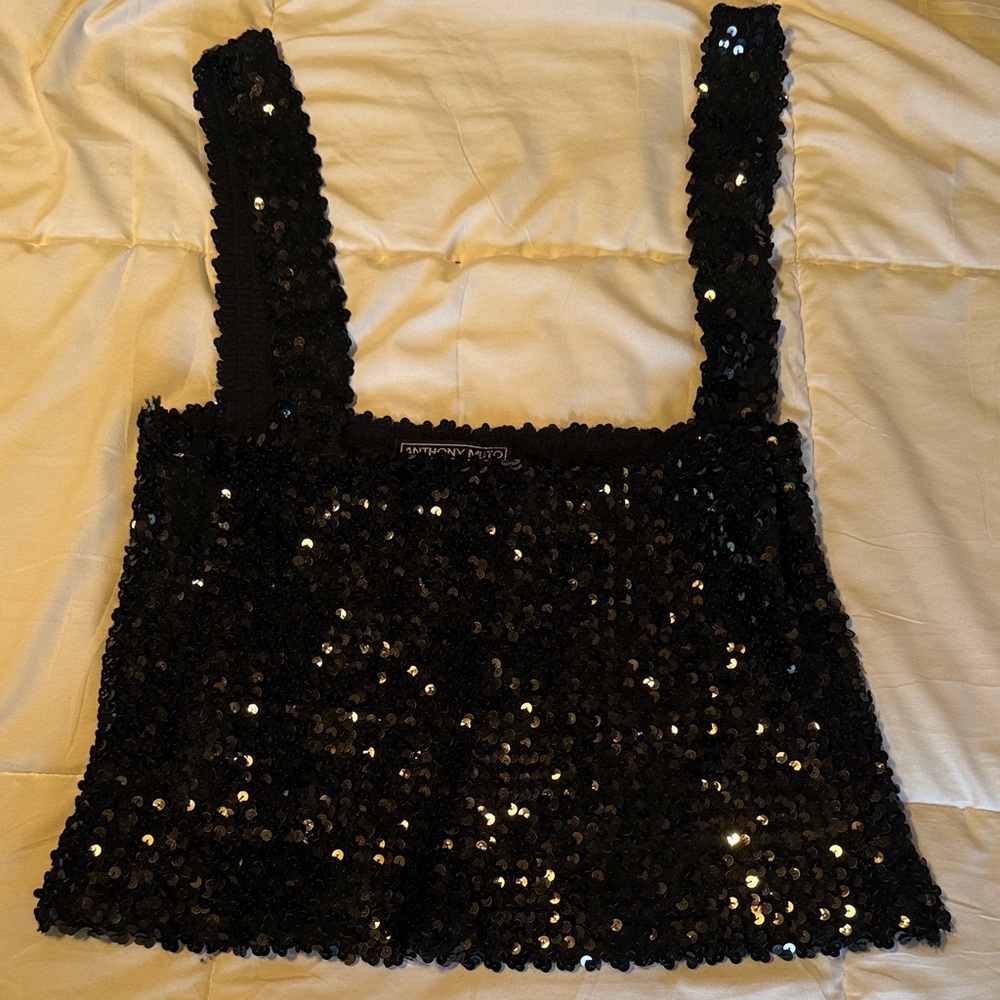 Sequin Crop Tank Top with Wide Straps - Black